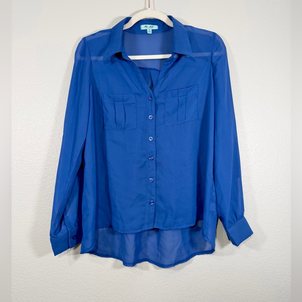 Zenana The Arte Shirt Sheer Blouse Button Adjustable Sleeves Royal Blue Women M